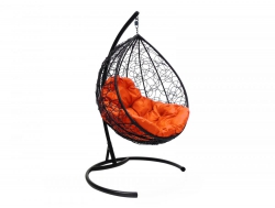 Подвесное кресло Кокон Капля ротанг каркас чёрный-подушка оранжевая