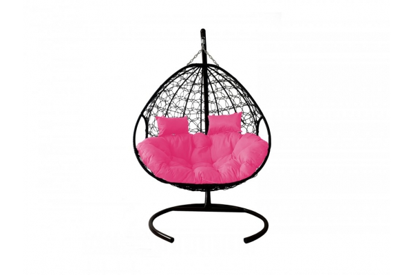 Подвесное кресло Кокон Для двоих ротанг каркас чёрный-подушка розовая