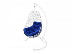 Подвесное кресло Кокон Овал ротанг каркас белый-подушка синяя