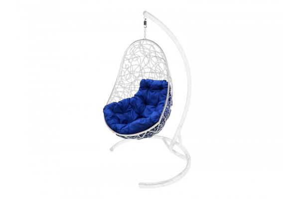 Подвесное кресло Кокон Овал ротанг каркас белый-подушка синяя