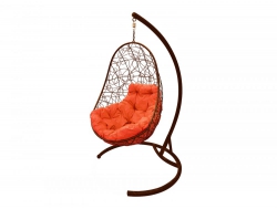 Подвесное кресло Кокон Овал ротанг каркас коричневый-подушка оранжевая