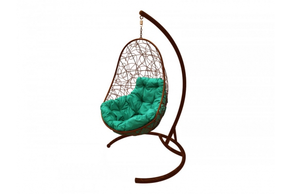 Подвесное кресло Кокон Овал ротанг каркас коричневый-подушка зелёная