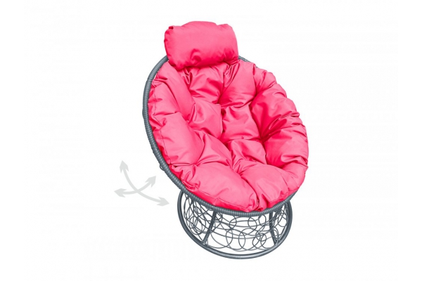 Кресло Папасан пружинка мини с ротангом каркас серый-подушка розовая